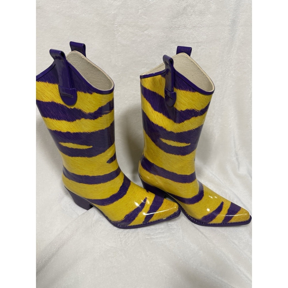 MyGameBoots Purple Gold Western Rain Boots Womens 6 Cowboy Rubber LSU